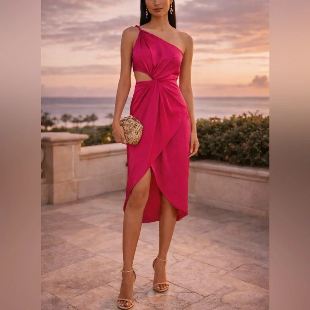 AMUR Deena Dress One Shoulder Midi Women’s 4 Cut Out Rosie Raspberry Hot Pink - Picture 2 of 13